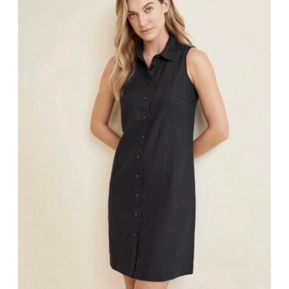 Garnet Hill Black Linen Sleeveless Shirt Dress Button Front Size 8 Minimalist